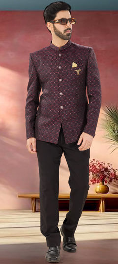 Red and Maroon color Jodhpuri Suit in Jacquard fabric with Broches, Sequence, Weaving work