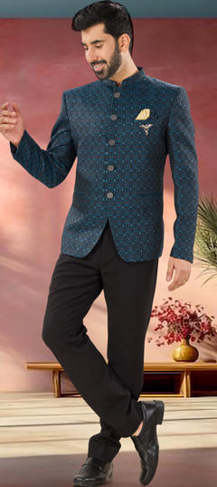 Blue color Jodhpuri Suit in Jacquard fabric with Broches, Sequence, Weaving work