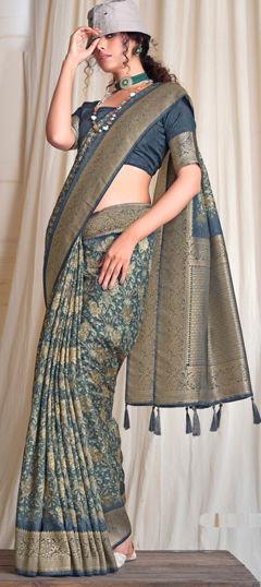 Blue color Saree in Silk fabric with Floral, Printed, Weaving work