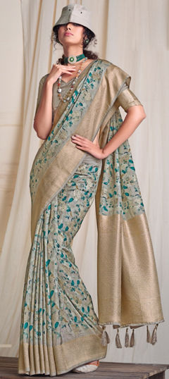 Black and Grey color Saree in Silk fabric with Floral, Printed, Weaving work