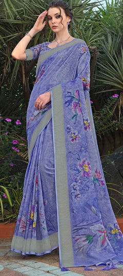 Blue color Saree in Silk fabric with Floral, Printed work