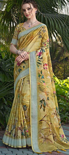 Yellow color Saree in Silk fabric with Floral, Printed work