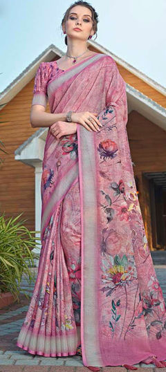 Pink and Majenta color Saree in Silk fabric with Floral, Printed work