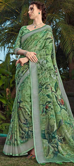 Green color Saree in Silk fabric with Floral, Printed work