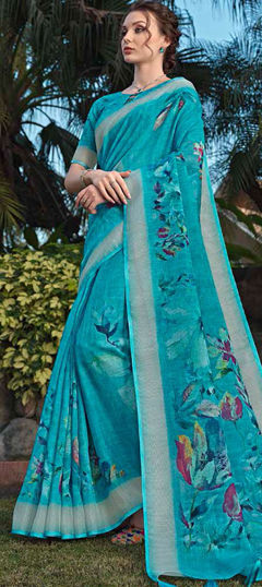 Blue color Saree in Silk fabric with Floral, Printed work