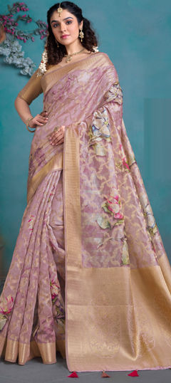 Pink and Majenta color Saree in Silk fabric with Floral, Printed, Weaving work