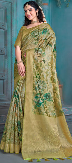 Green color Saree in Silk fabric with Floral, Printed, Weaving work