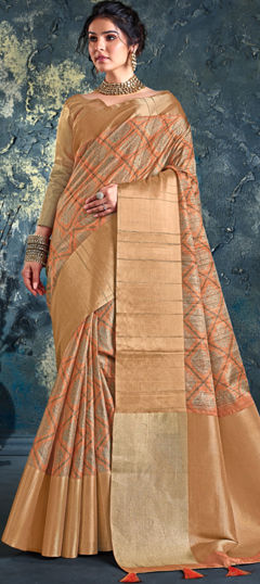 Orange color Saree in Silk fabric with Printed work