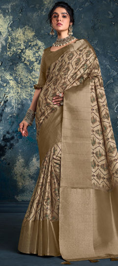 Beige and Brown color Saree in Silk fabric with Printed work