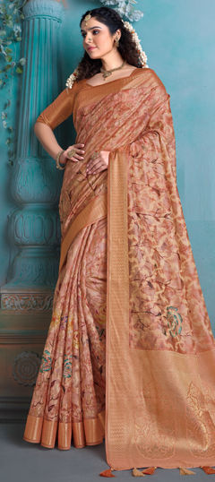 Beige and Brown color Saree in Silk fabric with Floral, Printed, Weaving work