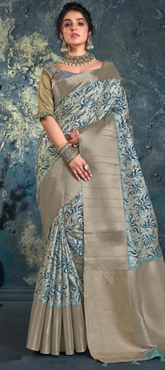 Black and Grey color Saree in Silk fabric with Printed work