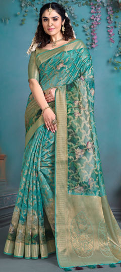 Blue color Saree in Silk fabric with Floral, Printed, Weaving work