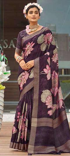 Purple and Violet color Saree in Silk fabric with Floral, Printed, Weaving work