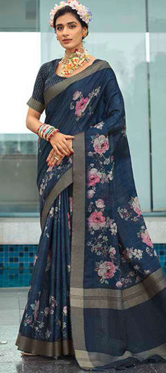 Blue color Saree in Silk fabric with Floral, Printed, Weaving work