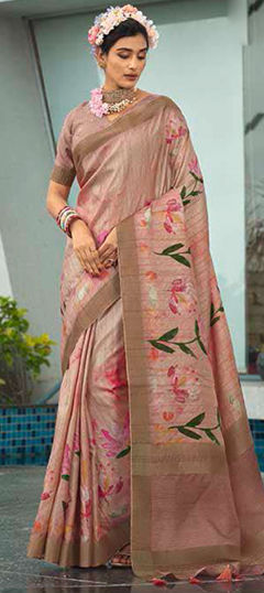 Beige and Brown color Saree in Silk fabric with Floral, Printed, Weaving work