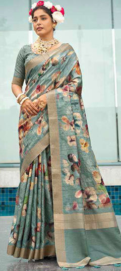 Blue color Saree in Silk fabric with Floral, Printed, Weaving work