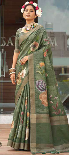 Green color Saree in Silk fabric with Floral, Printed, Weaving work