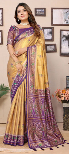 Gold color Saree in Banarasi Silk fabric with Weaving, Zari work