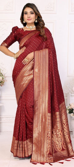 Red and Maroon color Saree in Art Silk fabric with Weaving work