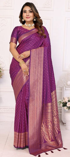 Purple and Violet color Saree in Art Silk fabric with Weaving work