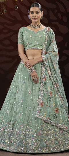 Green color Lehenga in Silk fabric with Embroidered, Printed, Sequence, Thread work