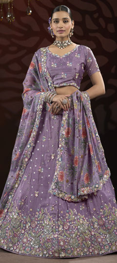 Purple and Violet color Lehenga in Silk fabric with Embroidered, Printed, Sequence, Thread work