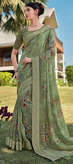 Green color Saree in Silk fabric with Floral, Printed, Weaving work