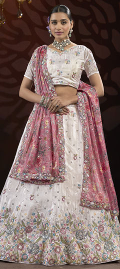 White and Off White color Lehenga in Silk fabric with Embroidered, Printed, Sequence, Thread work