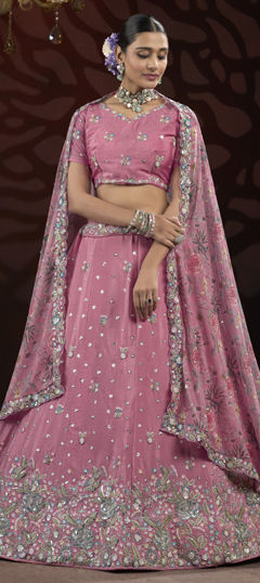 Pink and Majenta color Lehenga in Silk fabric with Embroidered, Printed, Sequence, Thread work