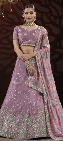 Purple and Violet color Lehenga in Silk fabric with Embroidered, Printed, Sequence, Thread work