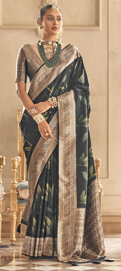 Black and Grey color Saree in Silk fabric with Printed, Weaving work