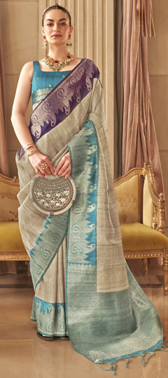 Beige and Brown, Blue color Saree in Silk fabric with Weaving work