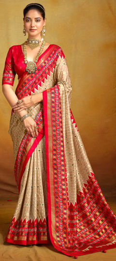 Beige and Brown color Saree in Tussar Silk fabric with Printed, Weaving work