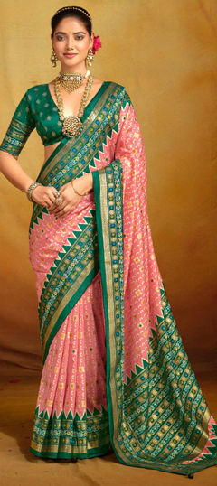 Green, Pink and Majenta color Saree in Tussar Silk fabric with Printed, Weaving work