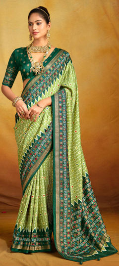 Green color Saree in Tussar Silk fabric with Printed, Weaving work