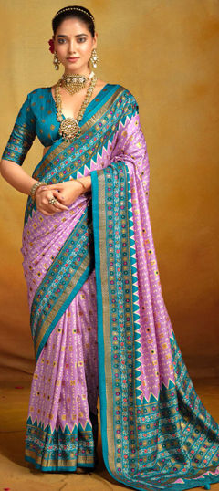 Blue, Pink and Majenta color Saree in Tussar Silk fabric with Printed, Weaving work