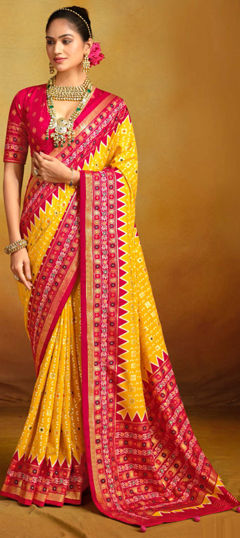 Pink and Majenta, Yellow color Saree in Tussar Silk fabric with Printed, Weaving work