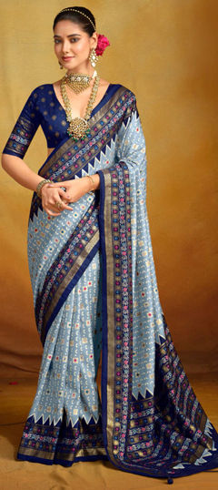 Black and Grey color Saree in Tussar Silk fabric with Printed, Weaving work