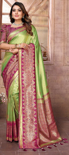 Green color Saree in Banarasi Silk fabric with Weaving, Zari work