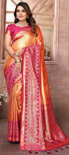 Orange color Saree in Banarasi Silk fabric with Weaving, Zari work