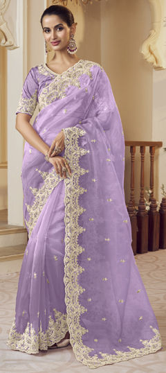 Purple and Violet color Saree in Organza Silk fabric with Embroidered, Sequence, Thread, Zari work