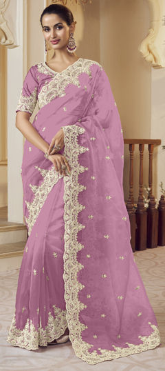 Purple and Violet color Saree in Organza Silk fabric with Embroidered, Sequence, Thread, Zari work