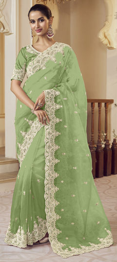 Green color Saree in Organza Silk fabric with Embroidered, Sequence, Thread, Zari work