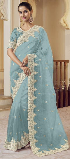 Blue color Saree in Organza Silk fabric with Embroidered, Sequence, Thread, Zari work