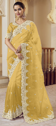 Yellow color Saree in Organza Silk fabric with Embroidered, Sequence, Thread, Zari work