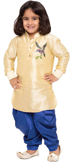 Gold color Boys Dhoti Kurta in Dupion Silk fabric with Embroidered, Thread work