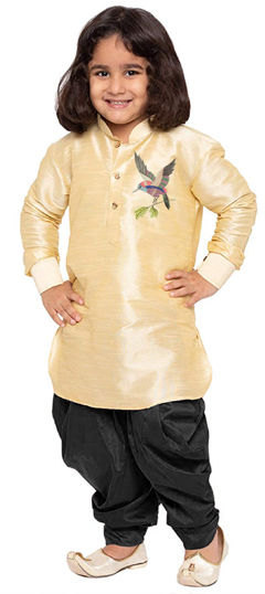 Gold color Boys Dhoti Kurta in Dupion Silk fabric with Embroidered, Thread work