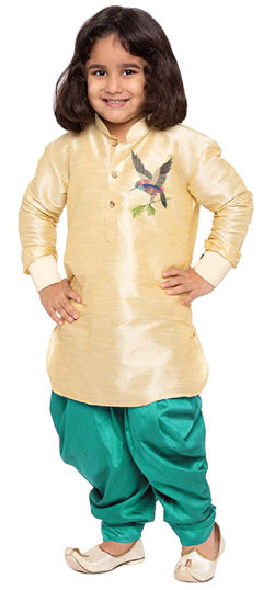 Gold color Boys Dhoti Kurta in Dupion Silk fabric with Embroidered, Thread work