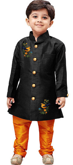 Black and Grey color Boys Kurta Pyjama in Dupion Silk fabric with Embroidered, Thread work