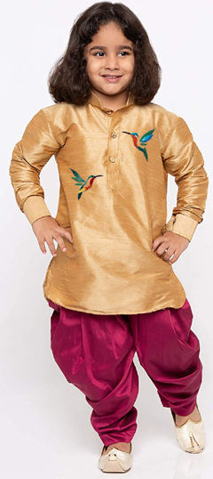 Gold color Boys Kurta Pyjama in Dupion Silk fabric with Embroidered, Thread work